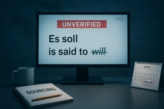Unverified alert on a monitor showing “Es soll is said to” with “will” crossed out.