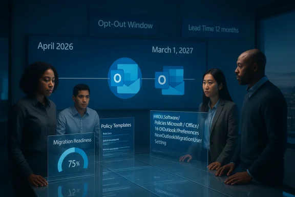Diverse team reviews Outlook migration timeline and readiness on futuristic holographic displays.