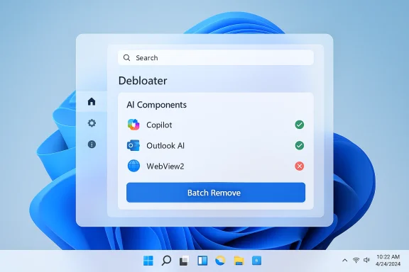 Debloater window listing AI components (Copilot, Outlook AI, WebView2) with Batch Remove.