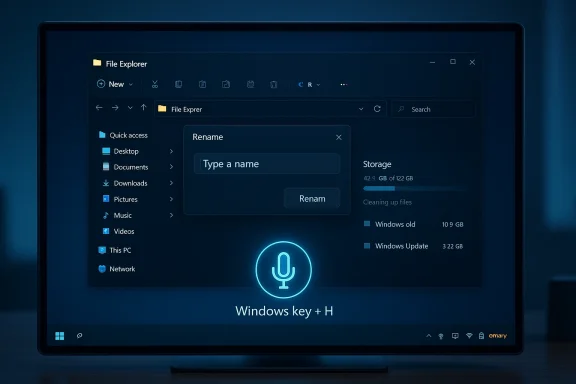 Dark Windows 11 screen showing File Explorer with a Rename dialog and a Windows key + H microphone hint.