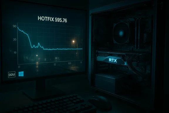 Neon-lit PC with RTX graphics beside a monitor displaying a HOTFIX 595.76 chart.