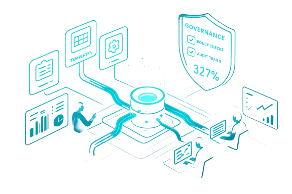 Teal holographic dashboard with interconnected panels around a central hub.