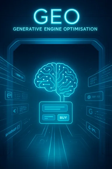 Neon blue GEO sign above a brain-inspired circuit and a Buy button in a futuristic interface.