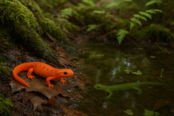 Bright orange, spotted newt on a damp leaf beside a pond, with a green newt swimming nearby.