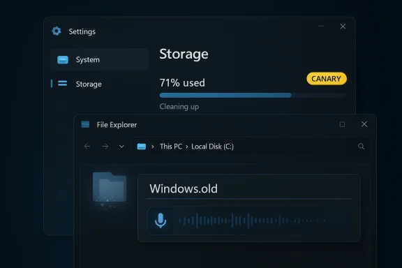 Dark Windows UI shows Storage at 71% and a File Explorer window with Windows.old.