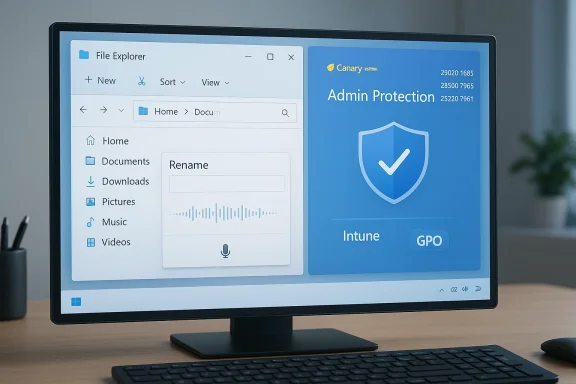 A monitor shows Windows File Explorer on the left and an Admin Protection panel on the right.