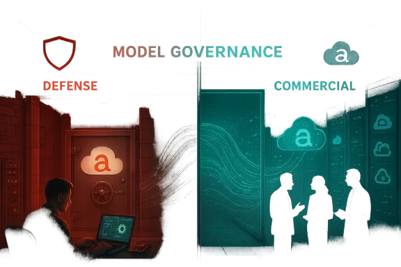 A split scene: red defense on the left and teal commercial cloud governance on the right, centered on model governance.