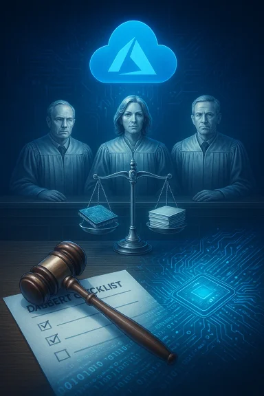 Three judges sit in a cloud-tech courtroom, weighing law and AI-driven data.