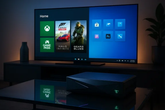 A sleek, angular game console rests on a glass coffee table as a large TV shows Xbox game tiles.