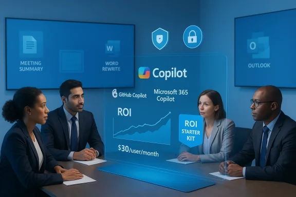 Diverse team analyzes Copilot ROI on a holographic conference display.