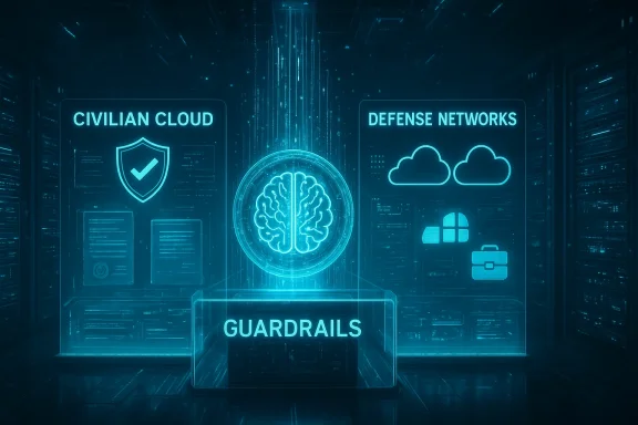 A futuristic holographic display showing Civilian Cloud, Defense Networks, and neural guardrails.