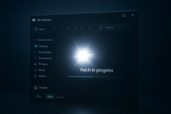 Dark themed File Explorer window showing 'Patch in progress' with a progress bar.