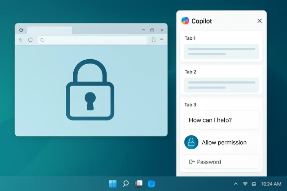 A browser window with a large lock icon sits beside a Copilot panel on a Windows desktop.