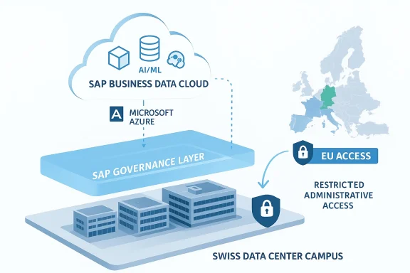 Infographic of SAP Business Data Cloud with Azure AI/ML, governance layer, and EU access at a Swiss data center campus.