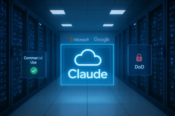 Blue-lit data center with a glowing cloud logo “Claude” and Microsoft/Google branding. Blue-lit data center with a glowing cloud logo “Claude” and Microsoft/Google branding.