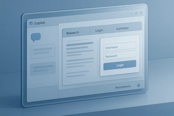 A 3D illustration of a software UI with a login panel and tabbed navigation.