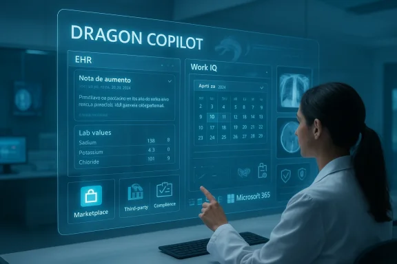 Clinician uses a holographic Dragon Copilot to view EHR and lab data.