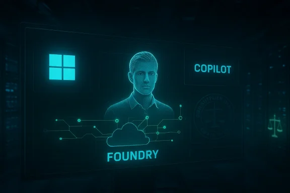 Futuristic holographic display with a portrait, cloud network, and the label FOUNDRY.