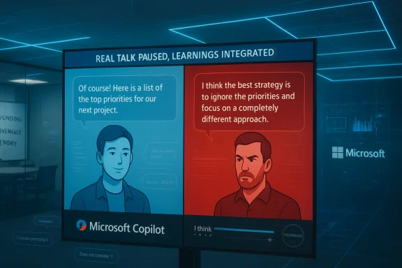 Split-screen dialogue between blue and red avatars debating project priorities for Microsoft Copilot.