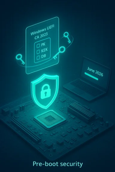 Pre-boot security: Windows UEFI CA 2023 keys and shield on a motherboard.