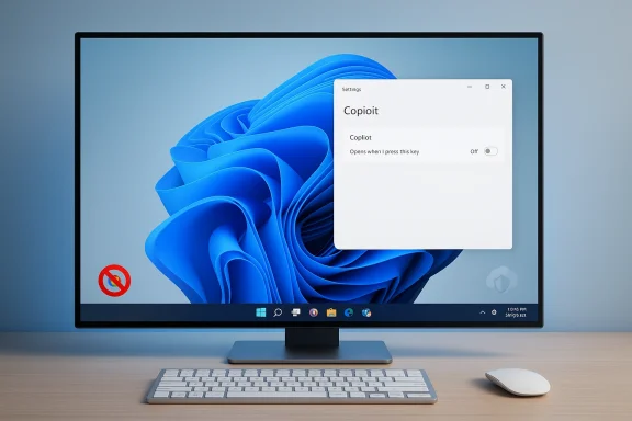 Windows 11 desktop on a large monitor with a Copioit settings window, keyboard and mouse on a wooden desk.
