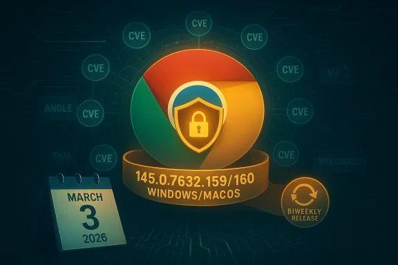 Chrome-like logo with a lock shield, CVE tags, and a biweekly Windows/macOS security release.