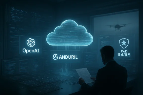 A security analyst studies holographic cloud tech with OpenAI, Anduril, and DoD panels.