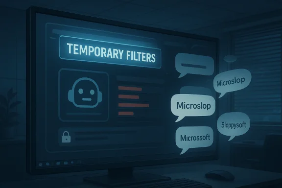 A computer monitor shows a “Temporary Filters” dashboard with chat bubbles labeled Microslop and Sloppysoft.