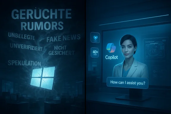 Split scene: rumor-filled newsroom with a cracked Windows logo on the left, and a Copilot AI assistant on the right.