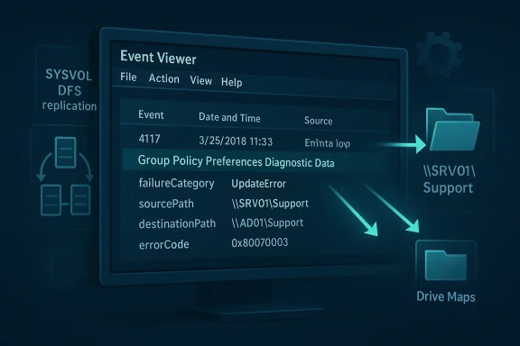 Blue-toned illustration of an Event Viewer window showing logs and arrows to folders.