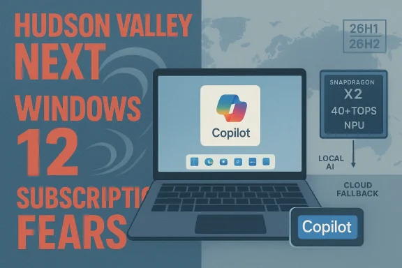 Promotional tech poster about Windows 12 subscription fears, with Copilot on a laptop.