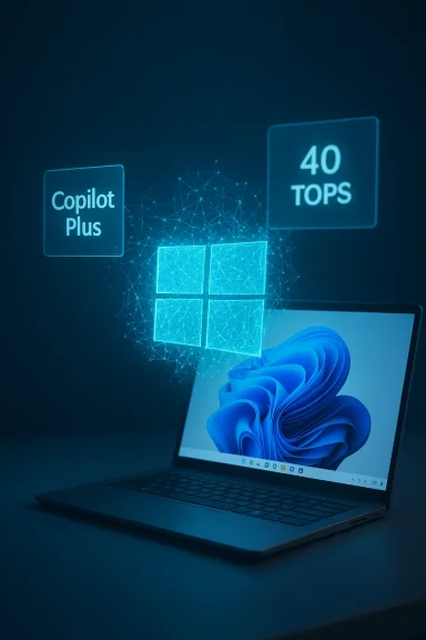 Laptop projects glowing holographic UI tiles labeled 'Copilot Plus' and '40 TOPS.'