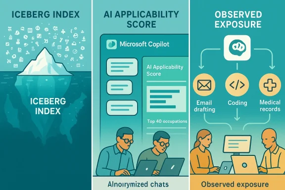 A three-panel infographic highlighting Iceberg Index, AI applicability score, and observed exposure.