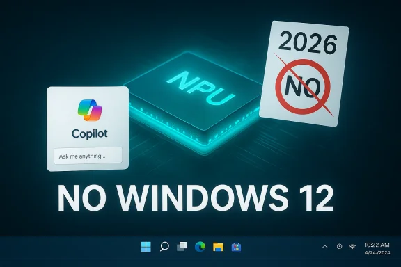 Futuristic AI chip (NPU) glows beside a Copilot card and a bold 'NO WINDOWS 12' graphic.