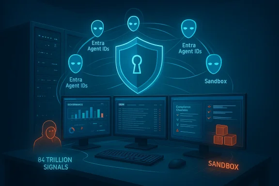 Futuristic security operations center featuring a shield, agent IDs, sandbox nodes, and multiple monitors.
