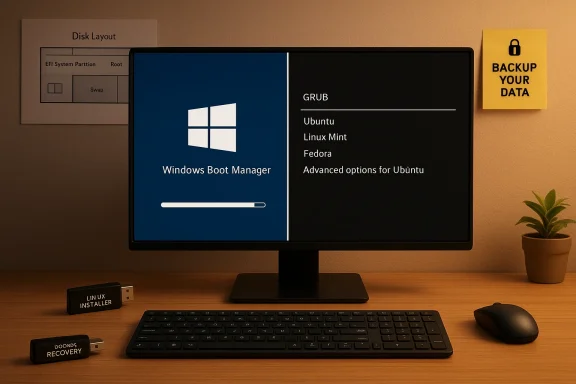 Dual-boot workstation shows Windows Boot Manager and GRUB menu on screen.