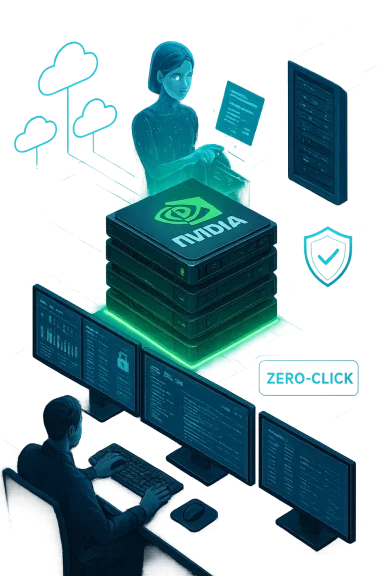 A holographic AI assistant hovers over a stack of NVIDIA servers in a futuristic data center.