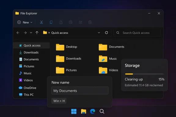Dark Windows File Explorer window showing Quick Access, folders, and a storage cleanup widget.