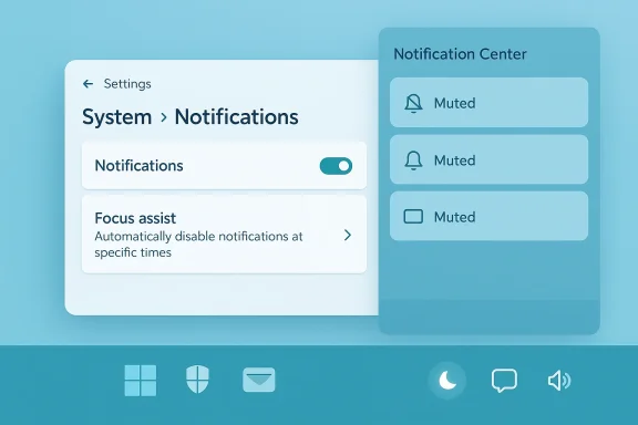 Blue UI mockup of System > Notifications with a toggle and a right-side Notification Center panel.