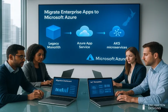 A team discusses migrating legacy monolith apps to Azure App Service and AKS microservices.