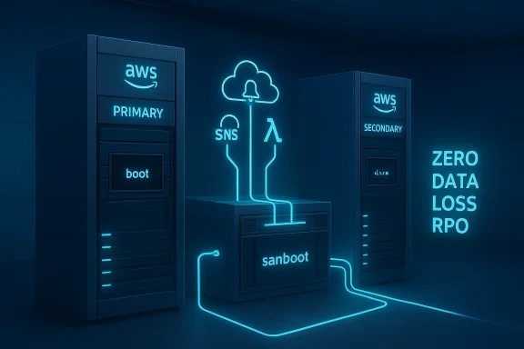 Neon-blue data center with AWS primary/secondary servers and Zero Data Loss RPO.