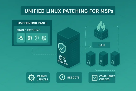 Infographic of unified Linux patching for MSPs, featuring a local patch repository and control panel.