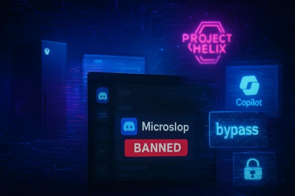 Neon cyberpunk scene with a monitor displaying Microslop BANNED amid Copilot and Project Helix logos.