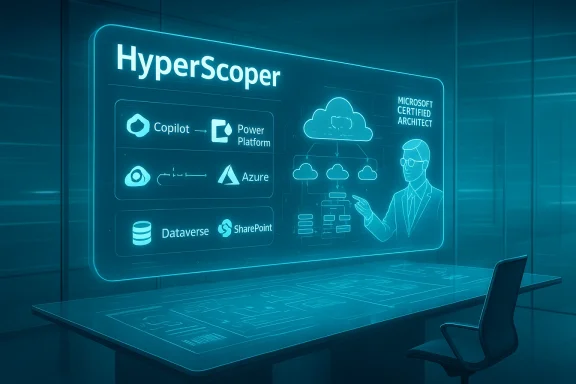 HyperScoper holographic display showing Microsoft cloud tools and a certified architect.