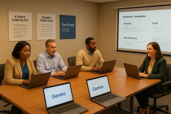 Four professionals work around a conference table, laptops open as a Workflow Templates slide is projected.