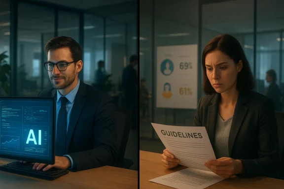 Split-screen office scene: man analyzes AI data on a monitor; woman reviews guidelines.