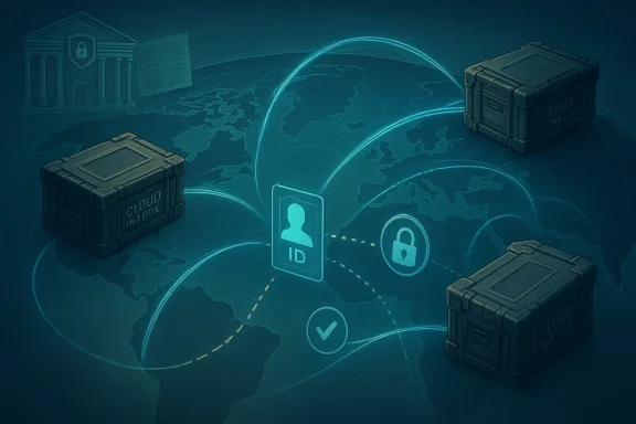 Worldwide secure data exchange via Cloud Inbox boxes, ID card, and locks.