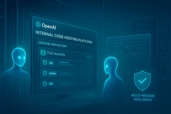 Futuristic OpenAI internal code-hosting platform with pull requests and a multi-region resilience shield.