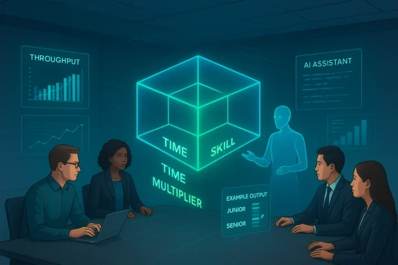 A glowing holographic cube labeled Time and Skill hovers above a conference table as a team reviews AI-driven metrics.