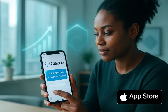 A woman uses Claude AI chat on her smartphone in a modern, office-like setting.